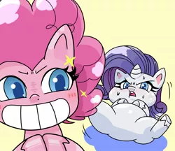 Size: 1480x1280 | Tagged: safe, artist:batipin, derpibooru import, pinkie pie, rarity, earth pony, pony, unicorn, my little pony: pony life, duo, fat, gritted teeth, image, jpeg, open mouth, raritubby, simple background, sweat, sweatdrops, yellow background