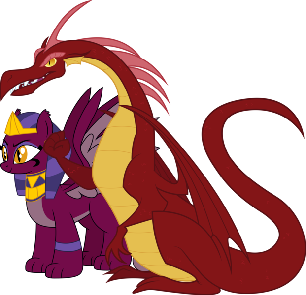 Size: 5354x5173 | Tagged: safe, artist:cloudyglow, artist:silentmatten, derpibooru import, edit, vector edit, basil, sphinx (character), dragon, sphinx, daring done?, dragon quest, absurd resolution, basphinx, clenched fist, female, headdress, image, male, png, shipping, simple background, sitting, spread wings, straight, transparent background, vector, wings