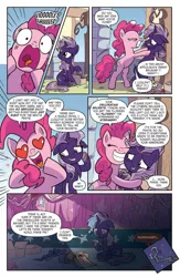 Size: 1041x1600 | Tagged: safe, artist:michela cacciatore, derpibooru import, idw, pinkie pie, earth pony, unicorn, spoiler:comic, spoiler:comicgenerations05, bipedal, clothes, comic, crying, female, heart eyes, hug, image, jpeg, my little pony: generations, sad, shirt, t-shirt, violet shiver, wingding eyes