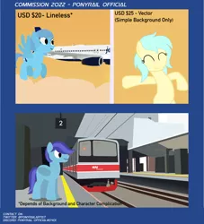 Size: 3713x4096 | Tagged: safe, artist:indonesiarailroadpht, derpibooru import, oc, unofficial characters only, pegasus, pony, advertisement, bipedal, commission info, female, image, jpeg, mare, plane, station, train