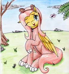 Size: 3209x3470 | Tagged: safe, artist:40kponyguy, derpibooru import, fluttershy, butterfly, insect, pegasus, pony, clothes, cute, derpibooru exclusive, ear fluff, female, grass, image, jpeg, mare, one eye closed, onesie, raised hoof, shyabetes, solo, traditional art, tree