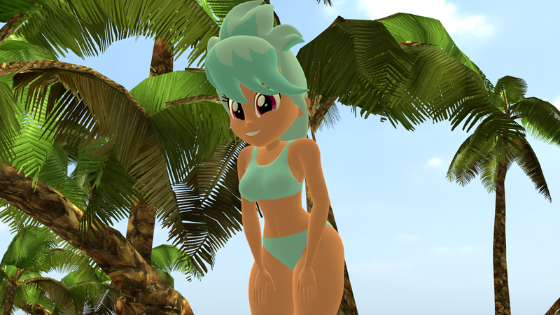 Size: 1920x1080 | Tagged: safe, artist:mr.uberrebu25, derpibooru import, frosty orange, equestria girls, 3d, beach, beach babe, bikini, bikini babe, breasts, busty frosty orange, clothes, female, hands on thighs, image, looking at you, palm tree, png, smiling, solo, swimsuit, tree