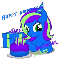 Size: 3640x3590 | Tagged: safe, artist:strategypony, derpibooru import, oc, oc:novastar blaze, unofficial characters only, pegasus, pony, birthday, birthday gift, cake, cute, female, filly, foal, food, happy birthday, hat, image, party hat, pegasus oc, png, present, simple background, sitting, smiling, text, transparent background, wings