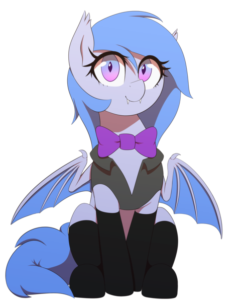 Size: 1250x1500 | Tagged: safe, artist:thebatfang, derpibooru import, oc, oc:lucky roll, bat pony, bat pony oc, bat wings, blue mane, bowtie, clothes, female, gradient eyes, image, looking at you, png, ponerpics community collab 2022, smiling, socks, solo, stockings, thigh highs, vest, wings