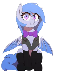 Size: 1250x1500 | Tagged: safe, artist:thebatfang, derpibooru import, oc, oc:lucky roll, bat pony, bat pony oc, bat wings, blue mane, bowtie, clothes, female, gradient eyes, image, looking at you, png, ponerpics community collab 2022, smiling, socks, solo, stockings, thigh highs, vest, wings