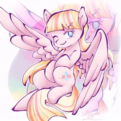 Size: 768x768 | Tagged: safe, artist:tanukei0815, derpibooru import, oc, oc:milky berry, unofficial characters only, pegasus, pony, female, heart, image, jpeg, looking at you, mare, one eye closed, pegasus oc, solo, wings, wink, winking at you