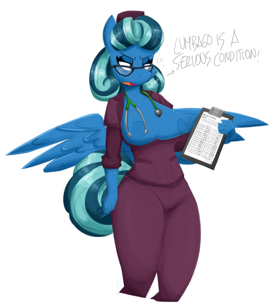 Size: 4700x5200 | Tagged: questionable, artist:flutterthrash, derpibooru import, oc, oc:dewfus, unofficial characters only, anthro, back pain, big breasts, breasts, clipboard, clothes, dialogue, exposed breasts, female, glasses, image, nipples, nudity, nurse, png, scrubs (gear), simple background, solo, solo female, stethoscope, text, white background