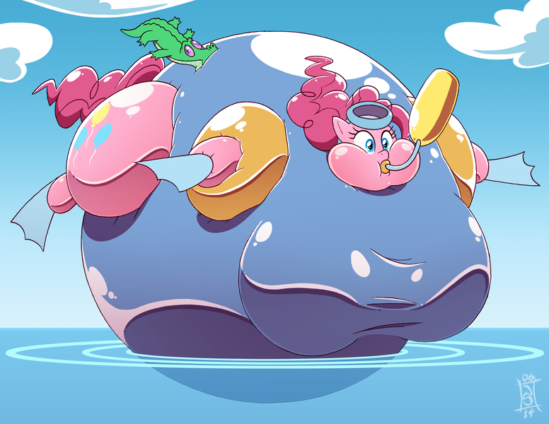 Size: 1650x1275 | Tagged: questionable, artist:seriojainc, derpibooru import, gummy, pinkie pie, alligator, anthro, earth pony, air tank, balloonie pie, belly, big belly, big breasts, breasts, busty pinkie pie, clothes, cloud, female, flippers, goggles, huge belly, huge breasts, image, impossibly large belly, impossibly large breasts, inflation, jpeg, one-piece swimsuit, puffy cheeks, swimming goggles, swimsuit, water, water wings