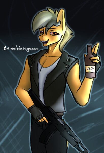 Size: 1500x2200 | Tagged: safe, artist:endelthepegasus, derpibooru import, oc, oc:alexson, anthro, ak-74, alcohol, anthro oc, beer, bottle, crossover, image, jpeg, left 4 dead, looking at you, male, open mouth, outfit, solo, solo male, weapon