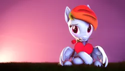 Size: 3840x2160 | Tagged: safe, artist:lagmanor, derpibooru import, part of a set, rainbow dash, pegasus, pony, 3d, blushing, dawn, embarrassed, flower, grass, grass field, heart, hearts and hooves day, hoof hold, hooves, image, looking at you, mane, mouth hold, png, rose, shy, sitting, solo, source filmmaker, sunrise
