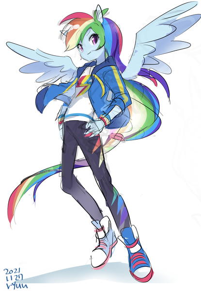 Size: 1280x1849 | Tagged: safe, artist:ryuu, derpibooru import, rainbow dash, human, equestria girls, 2021, eared humanization, female, humanized, image, looking at you, png, simple background, solo, white background, winged humanization, wings