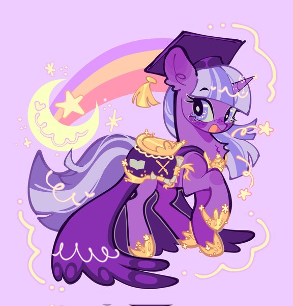 Size: 1966x2048 | Tagged: safe, artist:bunbunbewwii, derpibooru import, twilight twinkle, pony, unicorn, crescent moon, female, graduation cap, hat, image, jpeg, looking at you, mare, moon, open mouth, open smile, purple background, simple background, smiling, smiling at you, solo, stars