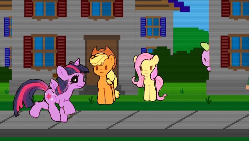 Size: 1527x863 | Tagged: safe, artist:cupldcry, derpibooru import, applejack, fluttershy, spike, twilight sparkle, twilight sparkle (alicorn), alicorn, dragon, earth pony, pegasus, black eye, crossover, five nights at freddy's, five nights at freddy's sister location, hiding, image, jpeg, standing, walking