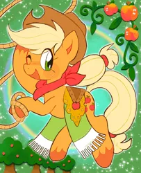 Size: 1664x2048 | Tagged: safe, artist:alexbeeza, derpibooru import, applejack, earth pony, pony, apple, apple tree, applejack's hat, cowboy hat, female, food, freckles, hat, image, jpeg, looking at you, mare, one eye closed, open mouth, open smile, rainbow, rope, smiling, smiling at you, solo, tree, wink, winking at you