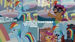 Size: 1280x720 | Tagged: safe, derpibooru import, edit, edited screencap, editor:quoterific, screencap, rainbow dash, scootaloo, pegasus, pony, marks for effort, season 8, spoiler:s08, duo, female, filly, flying, foal, groucho mask, image, mare, open mouth, open smile, png, school of friendship, smiling, spread wings, wings