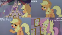 Size: 1280x720 | Tagged: safe, derpibooru import, edit, edited screencap, editor:quoterific, screencap, applejack, fluttershy, earth pony, pegasus, pony, teacher of the month (episode), spoiler:interseason shorts, applejack's hat, cowboy hat, duo, female, flying, hat, image, jpeg, mare, open mouth, open smile, school of friendship, smiling, spread wings, wings