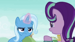 Size: 640x360 | Tagged: safe, derpibooru import, screencap, starlight glimmer, trixie, pony, unicorn, season 9, student counsel, spoiler:s09, animated, drinking, duo, female, gif, gifs.com, image, magic, mare, open mouth, open smile, smiling, telekinesis, trixie is not amused, unamused