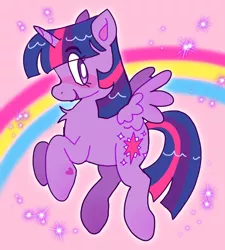 Size: 1842x2048 | Tagged: safe, artist:alexbeeza, derpibooru import, twilight sparkle, twilight sparkle (alicorn), alicorn, pony, female, flying, image, jpeg, looking at you, mare, pink background, rainbow, simple background, solo, sparkles