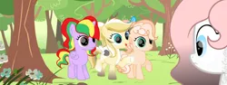 Size: 800x300 | Tagged: safe, artist:sugarcubecreationz, derpibooru import, oc, oc:peach pie, oc:pearl feather, oc:starling, oc:willow, earth pony, pegasus, pony, female, filly, foal, image, offspring, parent:cheese sandwich, parent:discord, parent:pinkie pie, parents:canon x oc, parents:cheesepie, png