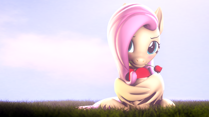 Size: 3840x2160 | Tagged: safe, artist:lagmanor, derpibooru import, part of a set, fluttershy, pegasus, pony, 3d, blushing, flower, grass, grass field, heart, hearts and hooves day, hoof hold, hooves, image, looking at you, mane, morning, mouth hold, png, rose, shy, sitting, smiling, smiling at you, solo, source filmmaker