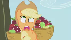Size: 1280x720 | Tagged: safe, derpibooru import, screencap, applejack, earth pony, pony, applebuck season, season 1, apple, applejack's hat, bucket, cowboy hat, female, food, hat, image, looking up, mare, open mouth, png, silly, silly pony, solo, tree, who's a silly pony