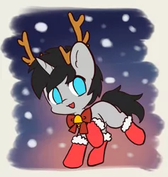 Size: 839x885 | Tagged: safe, artist:eddiemk9, artist:yilo, derpibooru import, oc, oc:cyan delta, unofficial characters only, pony, unicorn, chibi, christmas, clothes, cute, holiday, image, male, ocbetes, png, snow, socks, solo, stallion