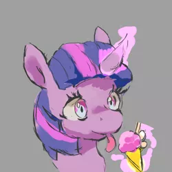 Size: 512x512 | Tagged: safe, artist:creamyogurt, derpibooru import, twilight sparkle, pony, unicorn, bust, female, food, glow, glowing horn, gray background, horn, ice cream, ice cream cone, image, magic, mare, png, simple background, solo, telekinesis, three quarter view, tongue out