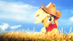 Size: 3840x2160 | Tagged: safe, artist:lagmanor, derpibooru import, part of a set, applejack, wheat grass, earth pony, pony, 3d, blushing, embarrassed, field, flower, food, hat, heart, hearts and hooves day, holiday, hoof hold, hooves, image, looking at you, mane, mouth hold, png, raised leg, rose, shy, sitting, smiling, smiling at you, solo, source filmmaker, valentine's day, wheat