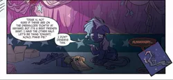 Size: 1040x482 | Tagged: safe, derpibooru import, idw, unicorn, spoiler:comic, spoiler:comicgenerations05, clothes, comic, crying, image, jpeg, my little pony: generations, s'mony, shirt, t-shirt, violet shiver