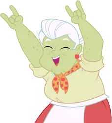 Size: 8364x9185 | Tagged: safe, artist:wissle, derpibooru import, granny smith, equestria girls, absurd resolution, arms in the air, cheering, clothes, cute, eyes closed, female, happy, image, open mouth, png, rock on, simple background, smiling, transparent background, vector