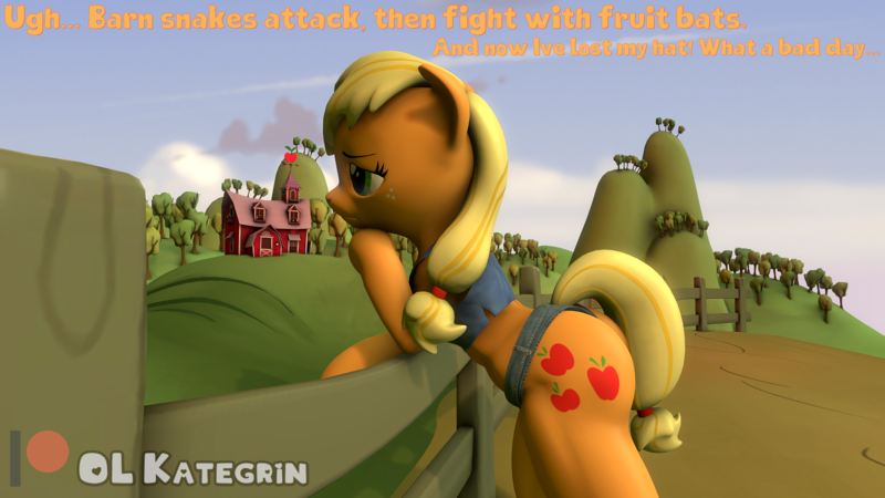 Size: 5120x2880 | Tagged: questionable, artist:olkategrin, derpibooru import, applejack, derpy hooves, semi-anthro, comic:surprise from big brother, 3d, abs, applebutt, appleslut, athletic, barn, belly, bubble butt, butt, clothes, day, denim, denim jacket, denim shorts, dialogue, farm, female, fence, freckles, hill, hooves, image, large butt, looking sideways, muscles, muscular female, outdoors, png, raised tail, sad, shadow, shorts, solo, solo female, source filmmaker, stand, standing, sunlight, sweet apple acres, tail, tail aside, text, thighs, thinking, tree, watermark, wide hips, worried