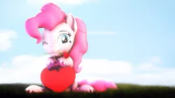 Size: 3840x2160 | Tagged: safe, artist:lagmanor, derpibooru import, part of a set, pinkie pie, earth pony, pony, 3d, afternoon, flower, grass, grass field, grin, heart, hearts and hooves day, holiday, hoof hold, hooves, image, looking at you, mane, mouth hold, one eye closed, png, rose, sitting, smiling, smiling at you, solo, source filmmaker, sunlight, valentine's day, wink, winking at you