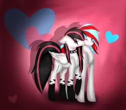 Size: 2618x2291 | Tagged: safe, artist:maneblue, derpibooru import, oc, oc:emala jiss, oc:weeper jack, unofficial characters only, pegasus, pony, choker, coat markings, duo, female, image, jpeg, kiss on the cheek, kissing, male, oc x oc, one eye closed, pegasus oc, raised hoof, shipping, socks (coat marking), spiked choker, straight, wings, wink