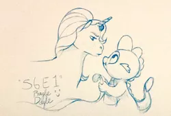 Size: 1108x747 | Tagged: safe, artist:razledazle, derpibooru import, spike, starlight glimmer, pony, unicorn, the crystalling, duo, female, frown, image, jpeg, lineart, male, mare, smiling, traditional art