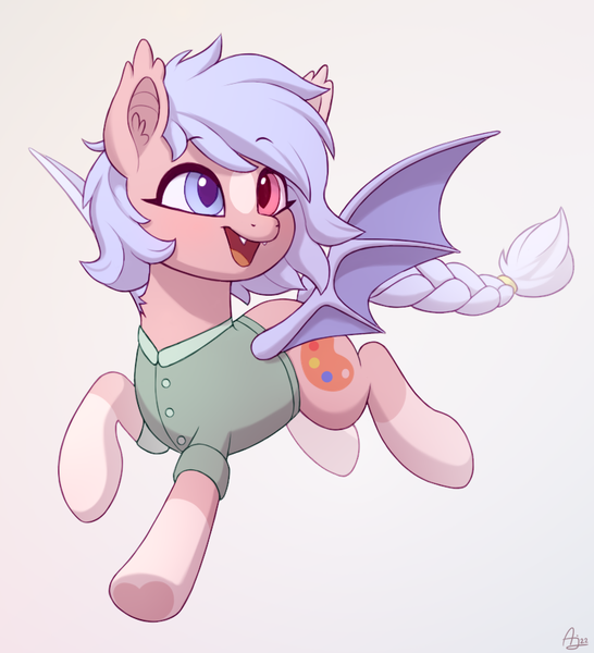 Size: 810x890 | Tagged: safe, artist:luminousdazzle, derpibooru import, oc, oc:scribbles, unofficial characters only, bat pony, pony, bat pony oc, bat wings, braided tail, clothes, coat markings, cute, ear fluff, fangs, female, happy, image, mare, multicolored eyes, png, shirt, simple background, smiling, socks (coat marking), solo, tail, wings