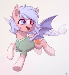 Size: 810x890 | Tagged: safe, artist:luminousdazzle, derpibooru import, oc, oc:scribbles, unofficial characters only, bat pony, pony, bat pony oc, bat wings, braided tail, clothes, coat markings, cute, ear fluff, fangs, female, happy, image, mare, multicolored eyes, png, shirt, simple background, smiling, socks (coat marking), solo, tail, wings