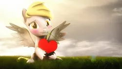 Size: 3840x2160 | Tagged: safe, artist:lagmanor, derpibooru import, part of a set, derpy hooves, pegasus, pony, 3d, awkward smile, blushing, derp, derpy being derpy, flower, flower in mouth, grass, grass field, heart, hearts and hooves day, high res, holiday, hoof hold, hooves, image, looking at you, mane, mouth hold, png, rose, rose in mouth, sitting, smiling, solo, source filmmaker, spread wings, sunlight, valentine's day, wings