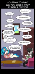 Size: 960x2000 | Tagged: safe, artist:shujiwakahisaa, derpibooru import, octavia melody, vinyl scratch, earth pony, pony, undead, unicorn, vampire, comic:adapting to night, book, comic, couch, dialogue, glow, glowing horn, horn, image, magic, png, table, telekinesis
