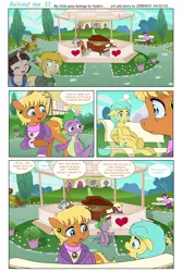 Size: 1536x2300 | Tagged: safe, artist:jeremy3, derpibooru import, ms. harshwhinny, spike, sunshower raindrops, oc, oc:valentine, dragon, earth pony, pegasus, pony, unicorn, comic:behind me, alternate universe, bench, cello, clothes, comic, gazebo, house, image, jpeg, musical instrument, piano, ponyville