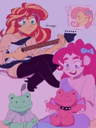 Size: 1536x2048 | Tagged: safe, artist:dreamz, derpibooru import, fluttershy, pinkie pie, sunset shimmer, frog, equestria girls, bow, build-a-bear, choker, clothes, curious, female, guitar, hair bow, hoodie, image, jeans, jpeg, lesbian, musical instrument, pants, plushie, question mark, shipping, socks, spiked choker, sunsetpie, sweater, trio