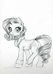 Size: 850x1191 | Tagged: safe, artist:maytee, derpibooru import, rarity, pony, unicorn, clothes, grayscale, image, jpeg, monochrome, pencil drawing, smiling, solo, suit, traditional art