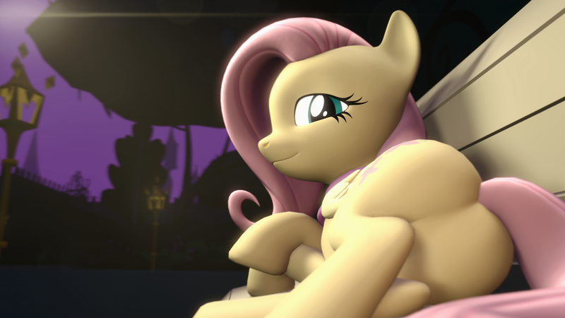 Size: 1280x720 | Tagged: suggestive, artist:extrachunkthis, derpibooru import, fluttershy, pegasus, 3d, bench, butt, clothes, female, image, looking at you, looking back, lying down, plot, png, scarf, side, solo, source engine, source filmmaker