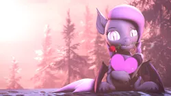 Size: 3840x2160 | Tagged: safe, artist:lagmanor, derpibooru import, part of a set, oc, oc:wintergleam, unofficial characters only, bat pony, pony, 3d, bat ears, bat eyes, braid, cliff, fangs, flower, flower in mouth, forest, forest background, glow, glowing eyes, heart, hearts and hooves day, holiday, hoof hold, hooves, image, looking at you, mane, morning, mouth hold, pine tree, png, rose, rose in mouth, sitting, snow, snowfall, solo, source filmmaker, sunlight, tree, valentine's day