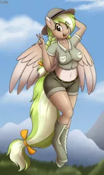 Size: 2500x4189 | Tagged: safe, artist:an-tonio, derpibooru import, oc, oc:sylvia evergreen, anthro, pegasus, clothes, image, peace sign, png, ranger, shorts, solo