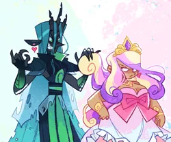 Size: 1280x1058 | Tagged: safe, artist:hoaxghost, derpibooru import, princess cadance, queen chrysalis, changeling, human, annoyed, belt, bracelet, breasts, busty princess cadance, chubby, clothes, crown, dark skin, dress, duo, ear piercing, earring, female, grin, heart, horn, horned humanization, humanized, image, jewelry, piercing, png, regalia, simple background, smiling, white background, winged humanization, wings