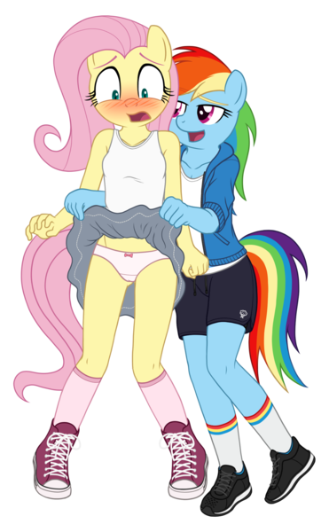 Size: 1300x2100 | Tagged: suggestive, alternate version, artist:deserter, artist:tolpain, banned from derpibooru, fluttershy, rainbow dash, anthro, plantigrade anthro, clothes, embarrassed, embarrassed underwear exposure, female, females only, image, lolicon, png, simple background, transparent background, underage, underwear