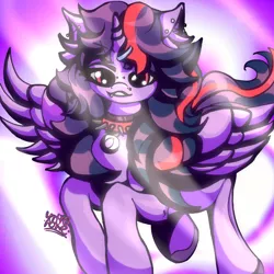Size: 3000x3000 | Tagged: safe, artist:umbrapone, derpibooru import, twilight sparkle, twilight sparkle (alicorn), alicorn, abstract background, collar, crepuscular rays, cute, cute little fangs, ear fluff, ear piercing, fangs, flying, hairclip, hairpin, hooves, image, majestic as fuck, messy mane, nose piercing, piercing, png, signature, smuglight sparkle, solo, spiked collar