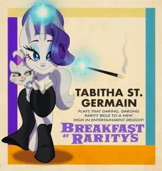 Size: 1583x1668 | Tagged: safe, artist:carouselunique, derpibooru import, opalescence, rarity, cat, pony, unicorn, breakfast at tiffany's, cigarette, cigarette holder, clothes, dress, februpony, female, image, jewelry, jpeg, looking at you, magic, mare, necklace, parody, socks, solo, telekinesis