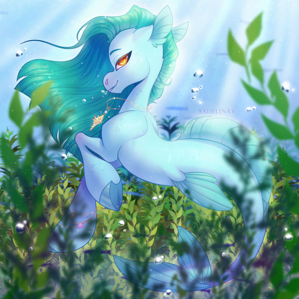 Size: 1280x1280 | Tagged: safe, artist:sadelinav, derpibooru import, oc, unofficial characters only, fish, merpony, seapony (g4), siren, bubble, commission, crepuscular rays, digital art, dorsal fin, female, fins, fish tail, flowing mane, flowing tail, green mane, image, jewelry, jpeg, looking at you, necklace, ocean, orange eyes, seaweed, smiling, smiling at you, solo, sunlight, swimming, tail, underwater, water, ych result