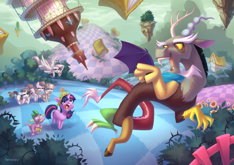 Size: 4961x3508 | Tagged: safe, artist:fenwaru, derpibooru import, applejack, discord, fluttershy, pinkie pie, rarity, spike, twilight sparkle, draconequus, dragon, earth pony, pegasus, pony, unicorn, the return of harmony, big crown thingy, chaos, checkered floor, digital art, discorded, discorded landscape, element of generosity, element of honesty, element of kindness, element of laughter, element of loyalty, element of magic, elements of harmony, female, flying, high res, image, jewelry, laughing, male, mare, png, ponyville town hall, regalia, scene interpretation, thorns, town hall, twilight sparkle is best facemaker, unicorn twilight, yelling